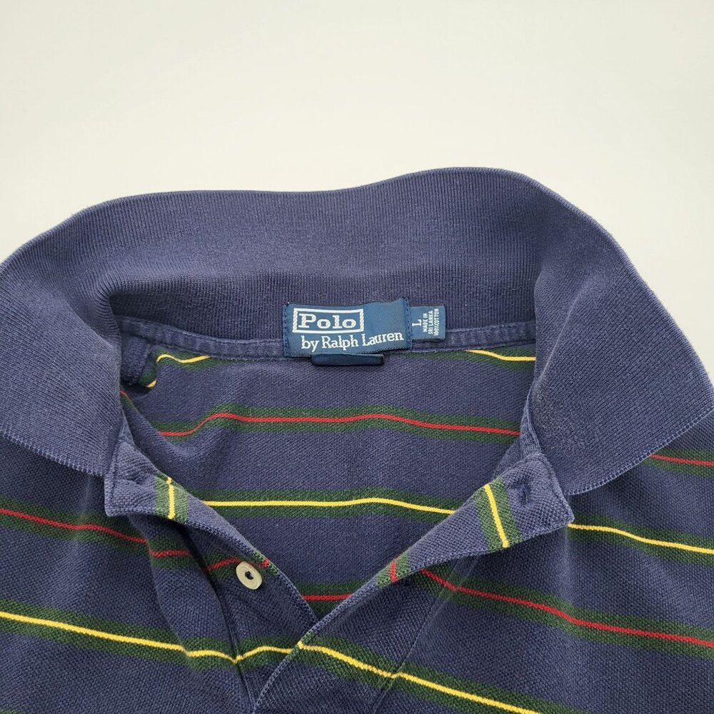 VTG Polo by Ralph Lauren Men's Large Striped Polo Shirt Navy Blue Streetwear Y2K - Picture 7 of 8